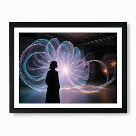 A Woman In A Black Coat Stands In Front Of A Large, Glowing, Abstract Artwork Resembling A Swirling Nebula Or Galaxy, Creating A Sense Of Awe And Wonder Art Print