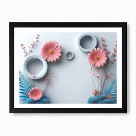 Pastel Color, 3d Artwork Illustration Art With Flowers And Circles In Light Gray Background Art Print