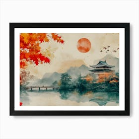 Serenity in the Autumn Temple -#JapaneseArt #WatercolorScenery #AutumnTemple #PeacefulNature #CulturalArt #MistyMountains #SunsetGlow #OrientalBeauty #TranquilVibes #FyArt Art Print