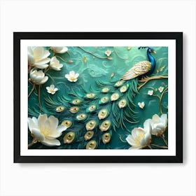 3d Peacock and Flowers with Golden Jewelry and Flowers Art Print