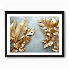 3d Gold Floral Plants and Palm Leaves Art, Grey Background, Abstract Tropical Leaves, Banana Art Print