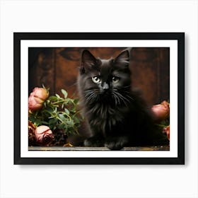 Cute Black Cat And Flowers 04 Art Print