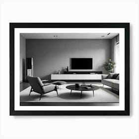 A Modern Living Room With Gray Walls, A White Rug, A Gray Armchair, A Gray Sofa, And A Black Coffee Table Art Print