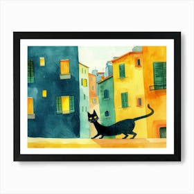 Black Cat In Salerno, Italy, Street Art Watercolour Painting 4 Art Print