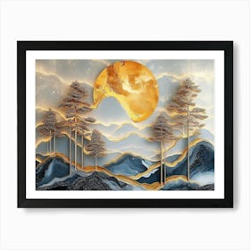 3d Modern Landscape Moon, Golden Christmas Trees, Colorful Mountains Painting Affiche