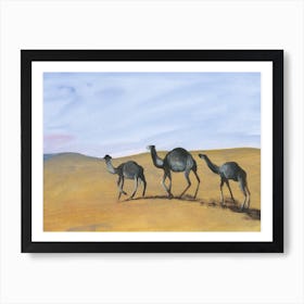 Camels In The Desert painting hand painted animals blue ochre beige africa nature landscape Art Print