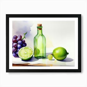 Lime and Grape near a bottle watercolor painting 11 Art Print