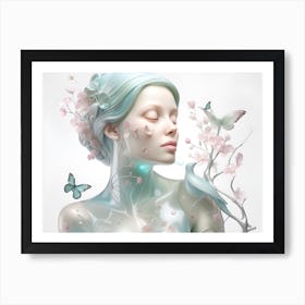 Woman With Butterflies And Flowers Art Print