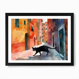 Black Cat In Genoa, Italy, Street Art Watercolour Painting 4 Affiche