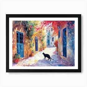 Rhodes, Greece   Cat In Street Art Watercolour Painting 2 Art Print