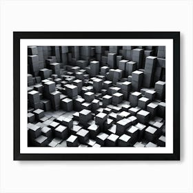 3d Rendering Of A Chaotic Arrangement Of Silver Cubes, Creating A Textured And Abstract Composition Art Print