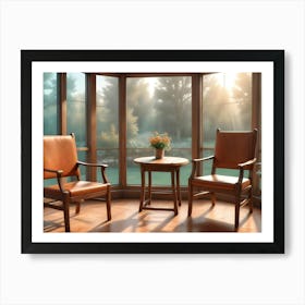 Photograph Of A Living Room With Two Leather Chairs And A Small Table In Front Of A Large Window Art Print