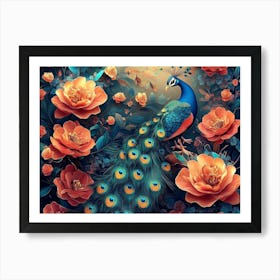 Peacock And Roses Art Print