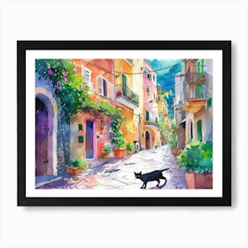 Amalfi, Italy   Black Cat In Street Art Watercolour Painting 3 Art Print