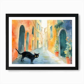 Black Cat In Ancona, Street Art Watercolour Painting 4 Art Print