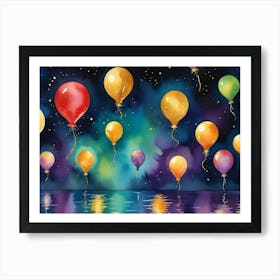 Watercolor Illustration Of Colorful Balloons Floating In A Starry Night Sky Above A Reflective Water Surface Art Print