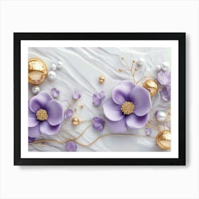 A 3d Artwork With Purple Flowers, Gold Balls, And Pearls On A White Marble Background Art Print