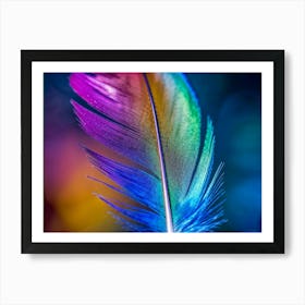 Vibrant Macro Photography Of A Single Bird Feather Exhibiting A Dazzling Blend Of Blue Yellow Red Art Print