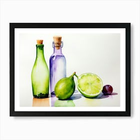 Lime and Grape near a bottle watercolor painting 18 Art Print