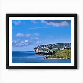 Capo Caccia Sardinia. Stylized painting of a coastal scene with a steep hill or cliff meeting the sea, covered in greenery, and a clear blue sky with a scattering of clouds. Art Print