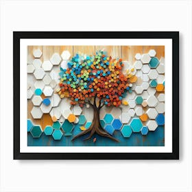 Vibrant With A Whimsical Tree, White Lattice Tiles, And Colorful Hexagons On Oak Wood 2 Poster