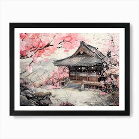 Temple And Sakura 1 Art Print