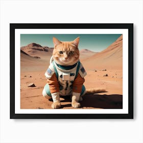 Photograph Of A Ginger Cat Dressed In An Astronaut Suit, Sitting On The Surface Of Mars Art Print