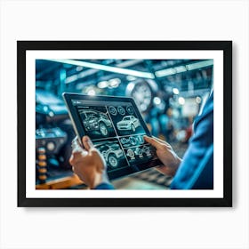 A Mechanic S Hands Holding A Tablet With A Car Design App Displaying Different Views Of A Car Art Print