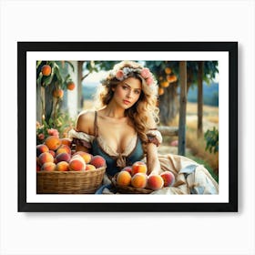 Beautiful And Alluring Blonde In Low Cut Dress With Peaches Art Print