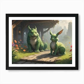 A Fantasy Illustration Of Two Green Rabbits Sitting On A Path In Front Of A Wooden House, With Flowers And A Forest In The Background Art Print