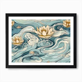 Lotus Flowers In A Lake With Stormy Abstract Water Movements - Minimal Color Painting Art Print