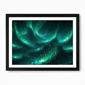 Surreal Abstract Landscape With Glowing Green Waves, Resembling A Fantastical Ocean Or Alien World Art Print