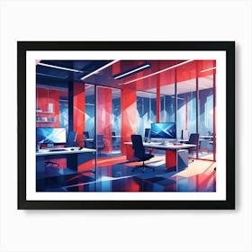 A Modern Office Interior With Red Accents And Large Windows Offering A Panoramic City View Art Print