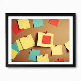 Yellow, Blue, And Red Sticky Notes On Brown Background Art Print