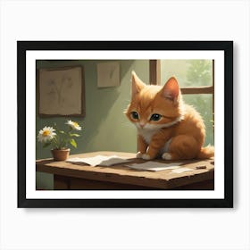 A Digital Illustration Of A Cute, Orange Tabby Kitten Sitting On A Wooden Table With A Window And Sunlight Streaming In Art Print