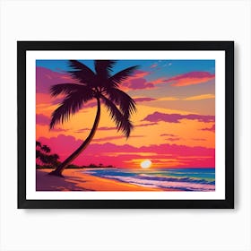 A Tranquil Beach At Sunset Horizontal Illustration 34 Art Print