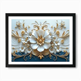 Intricate 3d Artwork Illustration With A White And Blue Backdrop, Embellished With Gold Jewelry 1 Art Print