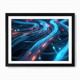 Abstract Close Up Of Glowing Blue And Orange Fiber Optic Cables, Representing Data Transmission And Technology Art Print