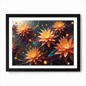 Artistic Illustration Of Glowing, Golden Flowers With Swirling, Abstract Shapes And Colorful Accents Art Print