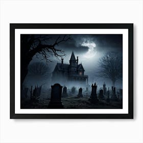 Frightened Souls Hovering Over A Mist Enshrouded Graveyard Full Moon Piercing Through Ominous Cloud Art Print