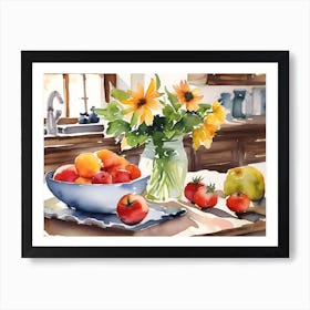 Yellow Flowers And Fruit Watercolor Painting Art Print