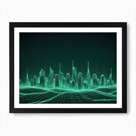 Abstract Image Of A Digital City Skyline With Glowing Green Lines, Representing A Futuristic Metropolis 1 Art Print