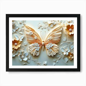 Beautiful 3d Butterfly With Flowers Art Print