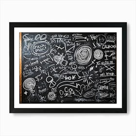 Blackboard Art Showcasing The Creative Chaos Of Chalk White Strokes Swirling With Abstract Circles A Art Print