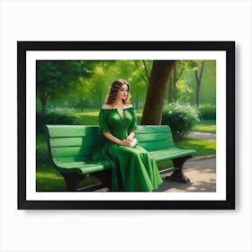 Woman Sitting On A Green Bench Art Print