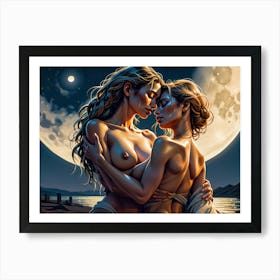 Two Women In Love Under The Spell Of A Full Moon Art Print
