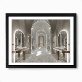 A Double Bathroom Designed In The Style Of Zaha Hadid With Two Tall Arched Mirrors And One Wall Unit, In The Interior Of An Art Deco Style Hotel Lobby With Light Grey Walls And A Black And White Patterned Tile Floor Póster