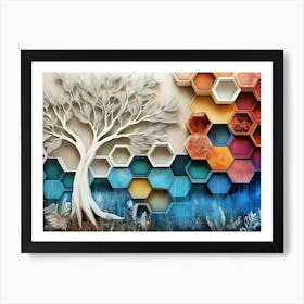 Abstract 3d Oak Artwork with White Lattice Feathers, A Tree Motif and Hexagons in Varied Art Print