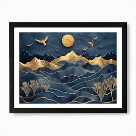 3d Modern Art With Dark Blue And Golden Wave Landscpe Art Print