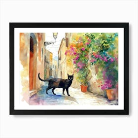 Amalfi, Italy   Black Cat In Street Art Watercolour Painting 1 Art Print